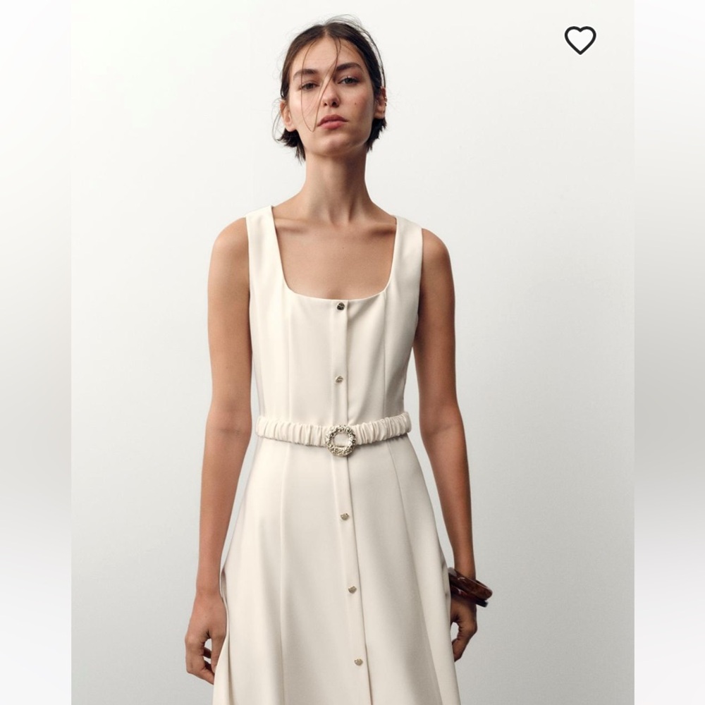 Zara NWT Cream Sleeveless Faux button Midi Dress attached Gold belt size Large - Picture 2 of 12